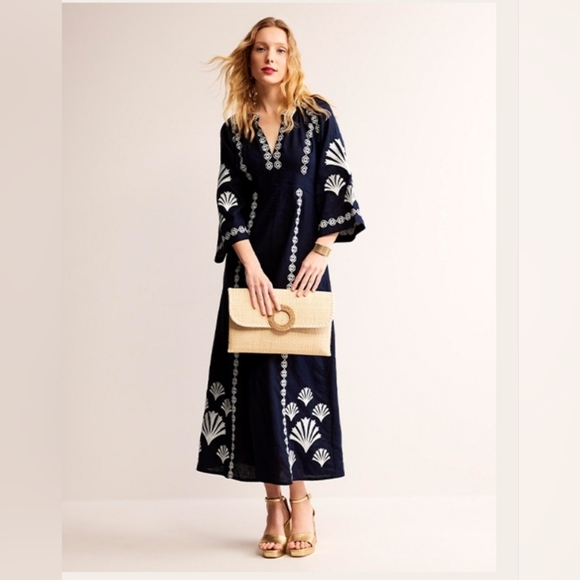 Boden UNA Blue Embroidered Elastic Waist Linen Maxi Bohemian Dress Size Large - Picture 1 of 15